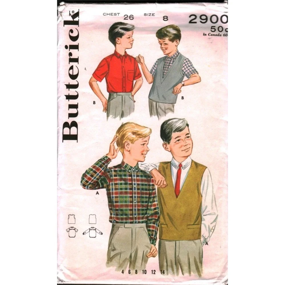 Vintage Butterick 2900 Boys Shirt and Pullover Vest Sewing Pattern Size 8 CUT‎
